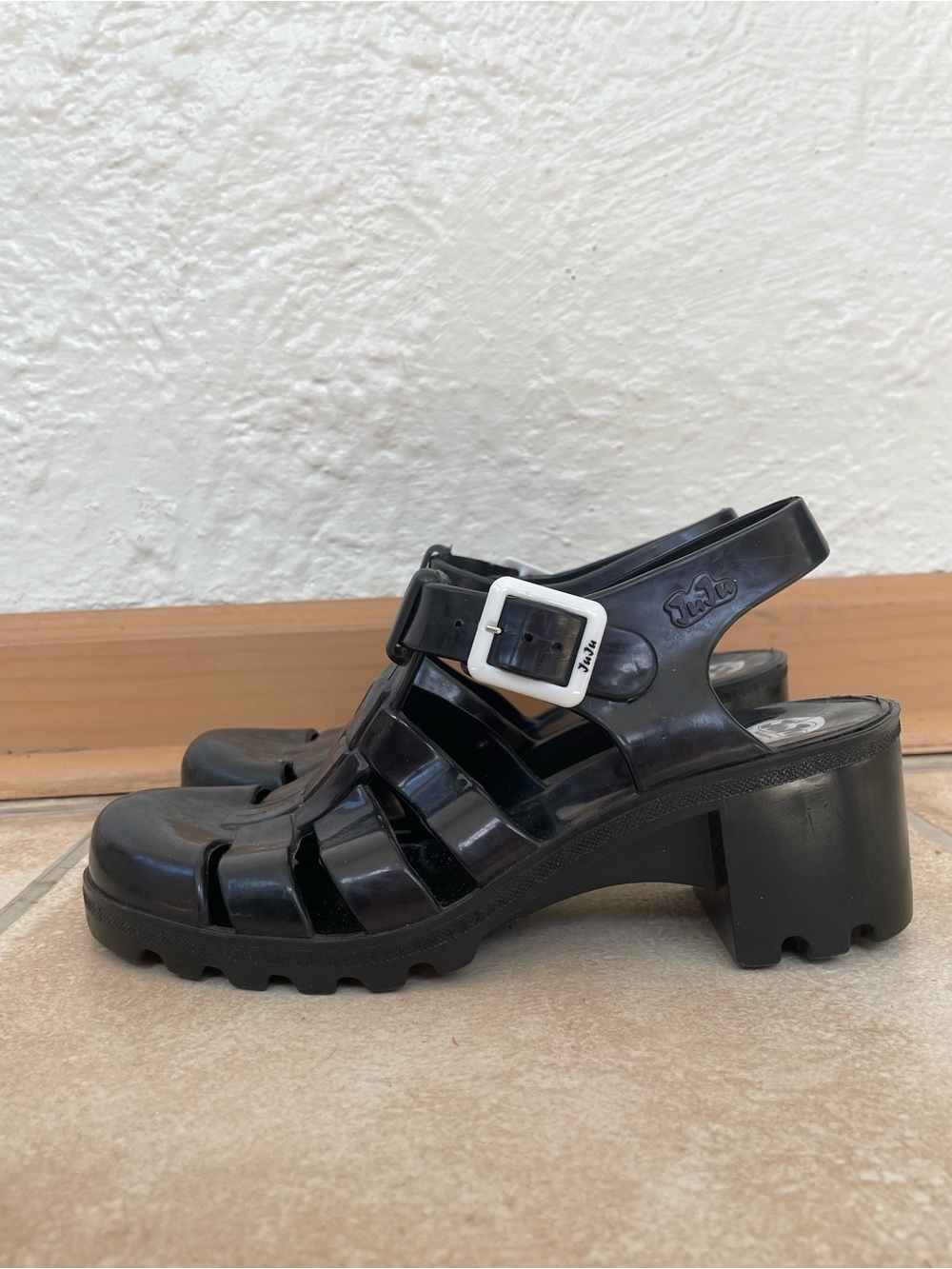 JuJu & Co. Jelly Black Sandal Chunky Heels With Buckle Strap Women's 8/ UK 6
